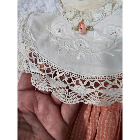 Vintage Handmade Dress On Wooden Hanger Heart Floral Lace Orange & Ivory Decor - Picture 16 of 16